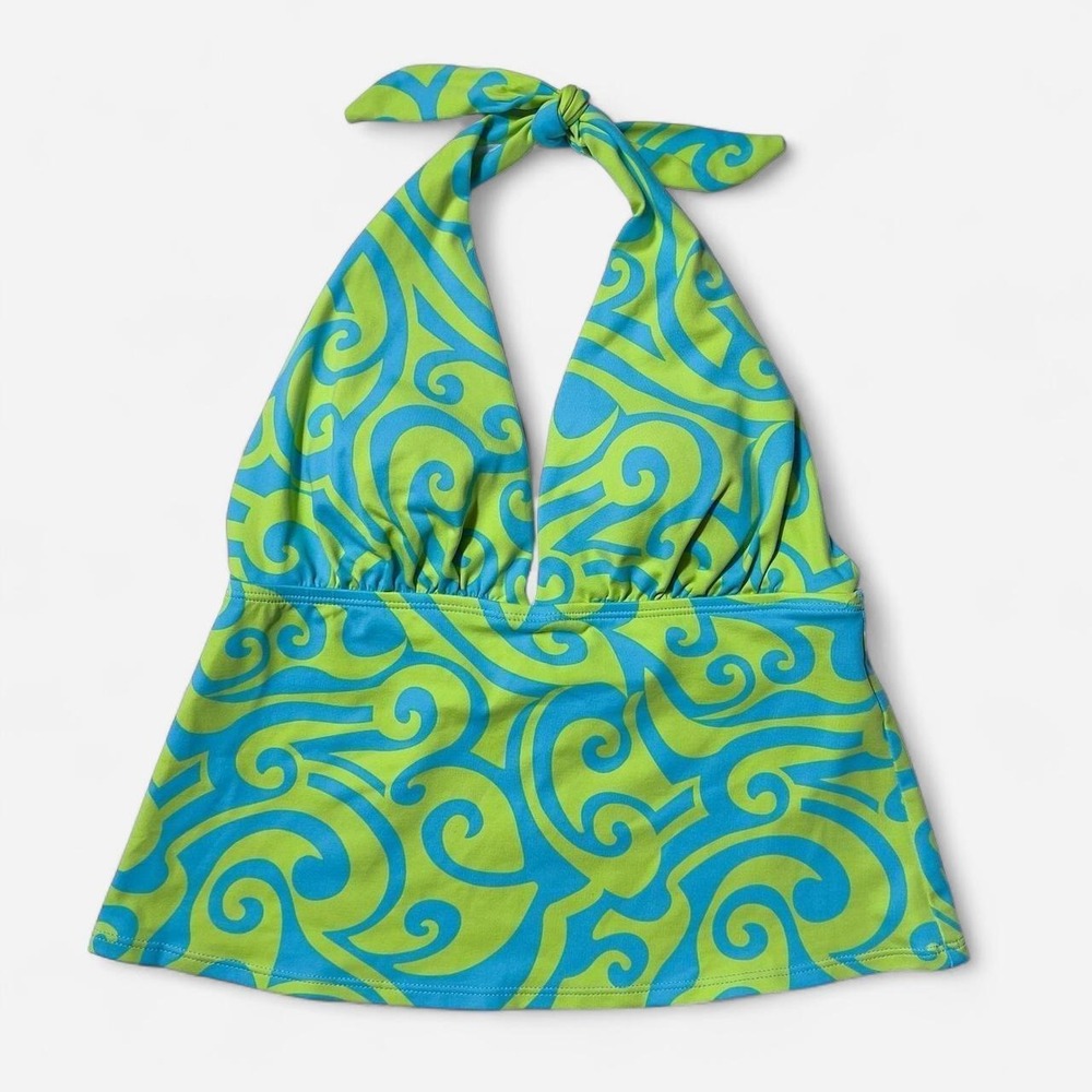 Anne Klein Teal and Green Swirl Print Swim Top